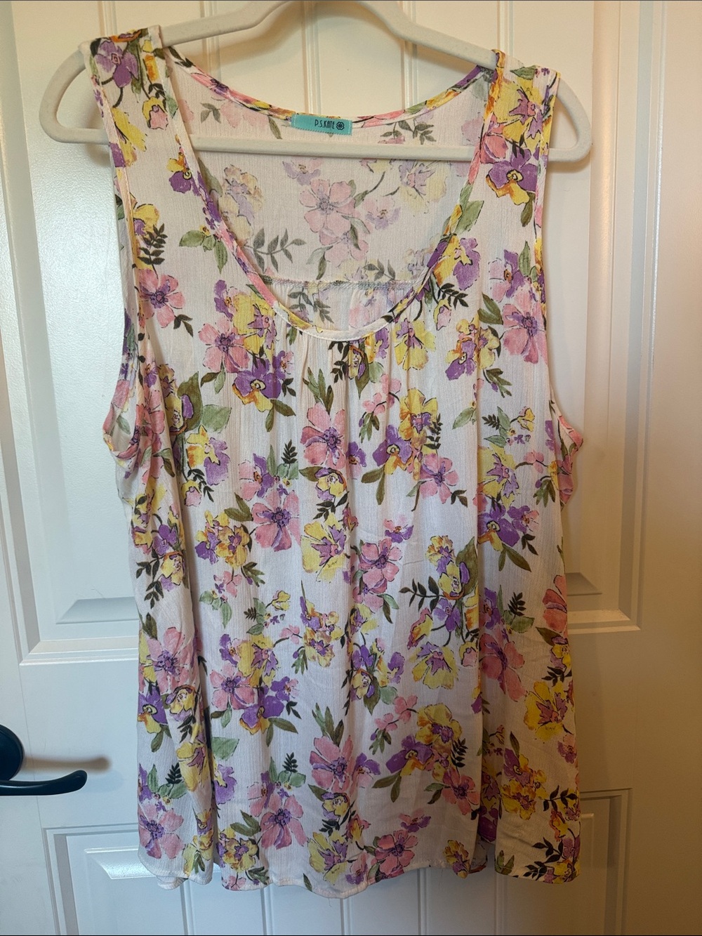 P.S. Kate Sleeveless Floral Tank Top - White with Pink & Yellow Flowers
